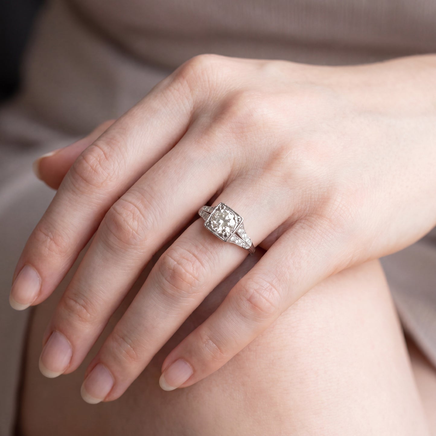 Silver Lady Vintage art deco platinum ring featuring an old mine cut diamond, showcasing vintage elegance and intricate design details.