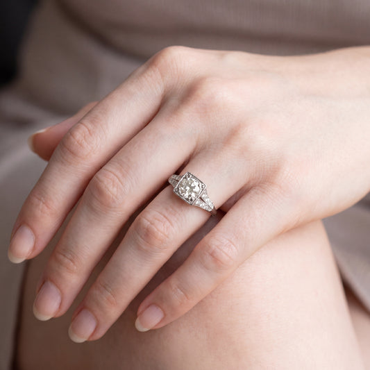 Silver Lady Vintage art deco platinum ring featuring an old mine cut diamond, showcasing vintage elegance and intricate design details.