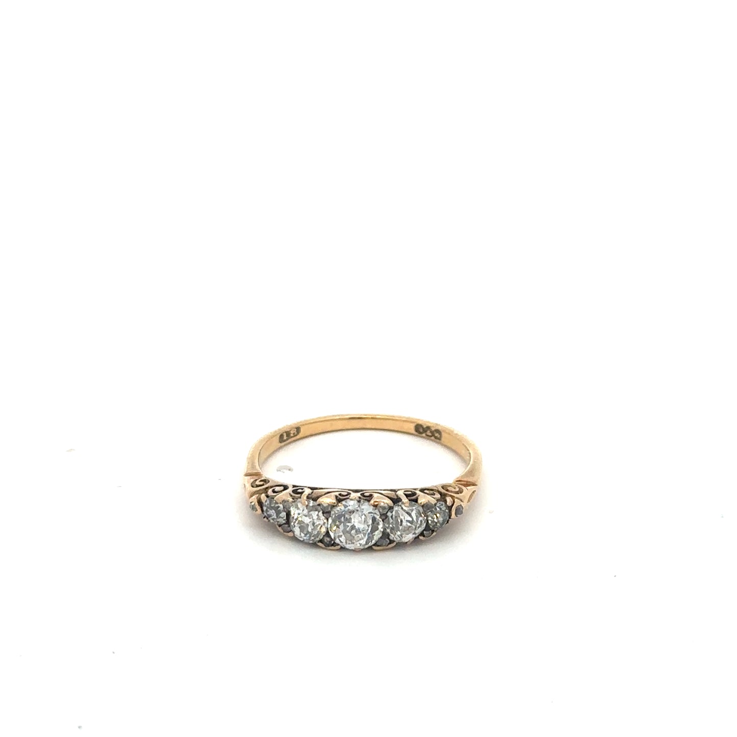 Antique Victorian 18k yellow gold diamond band with old mine cut diamonds, featuring vintage Silver Lady Vintage jewelry style.