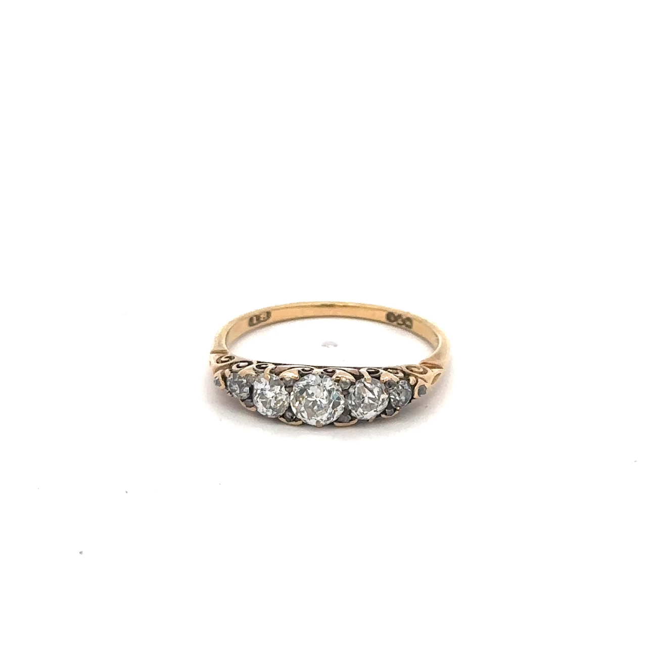 Antique Victorian diamond band with old mine cut diamonds in 18k yellow gold, featuring detailed vintage craftsmanship.