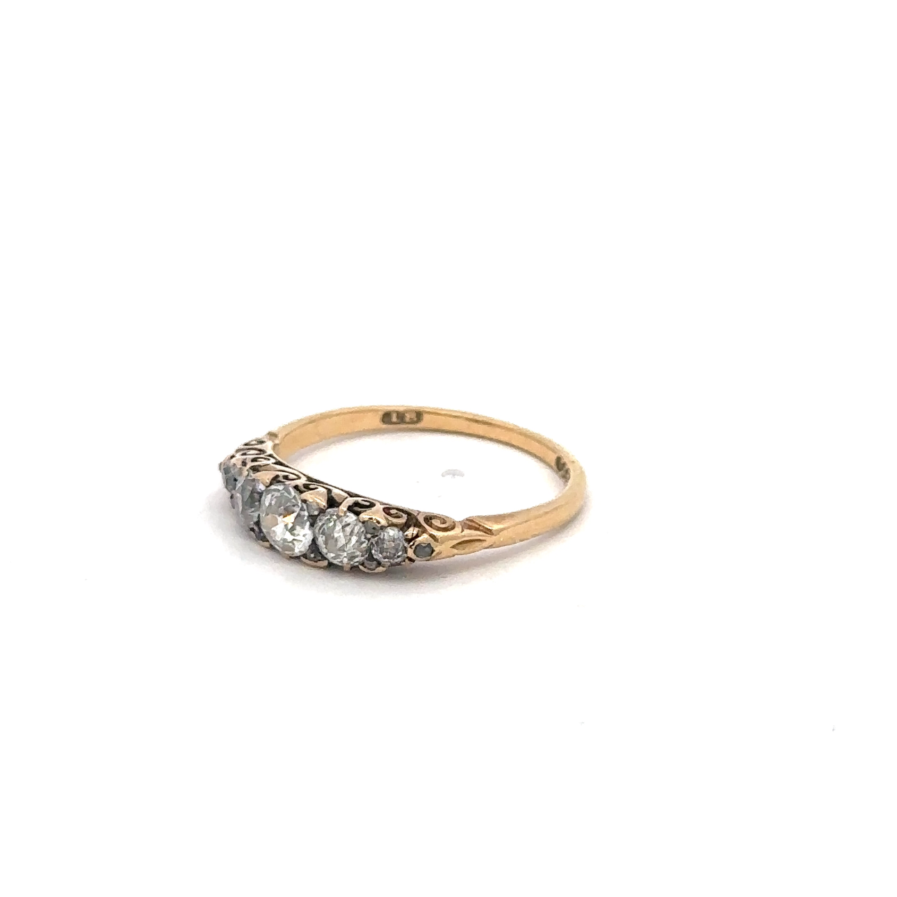 Antique Victorian 18k yellow gold diamond band with vintage mine cut diamonds, showcasing intricate craftsmanship and classic elegance.
