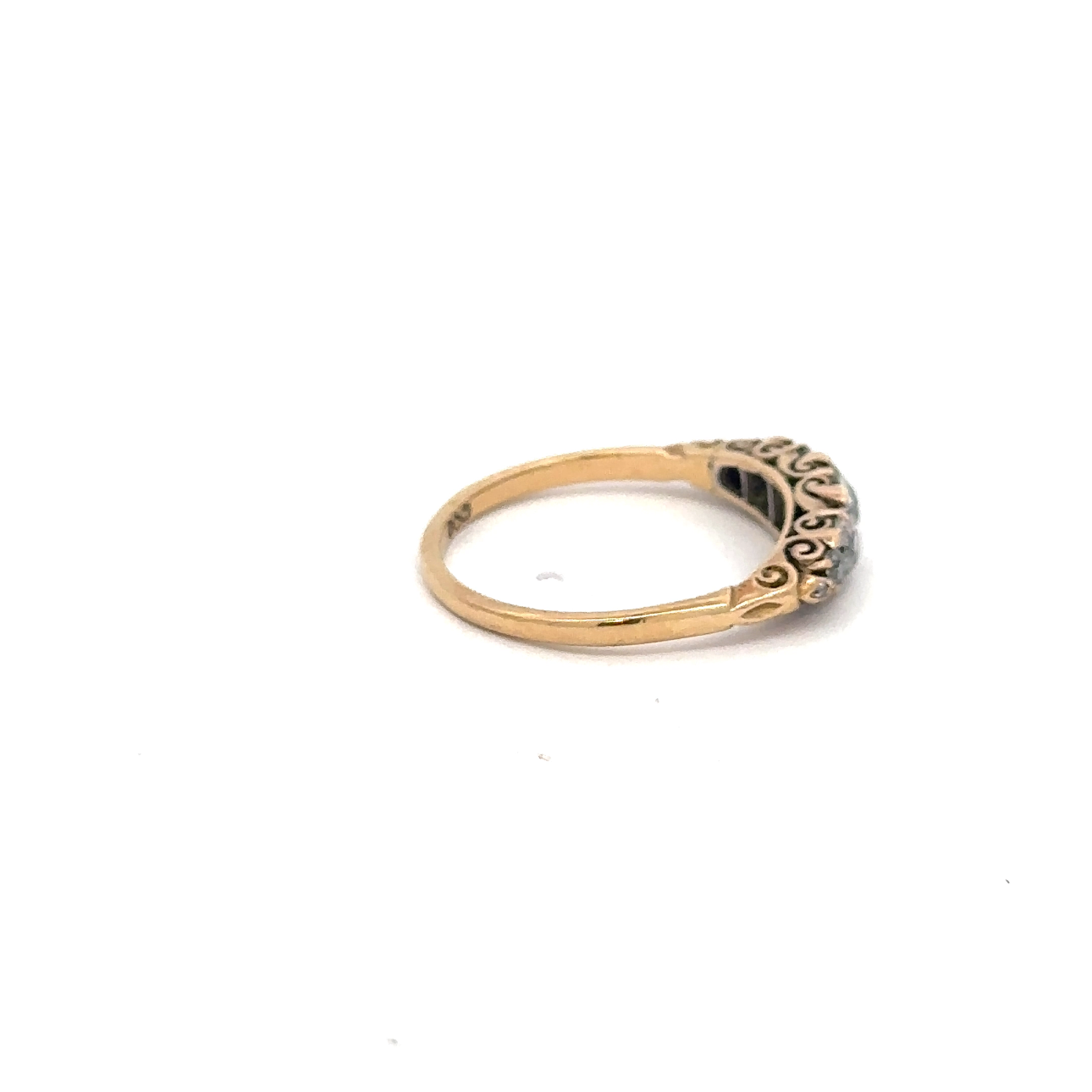 Antique Victorian 18k yellow gold diamond band with old mine cut diamonds, styled in silver lady vintage jewelry.