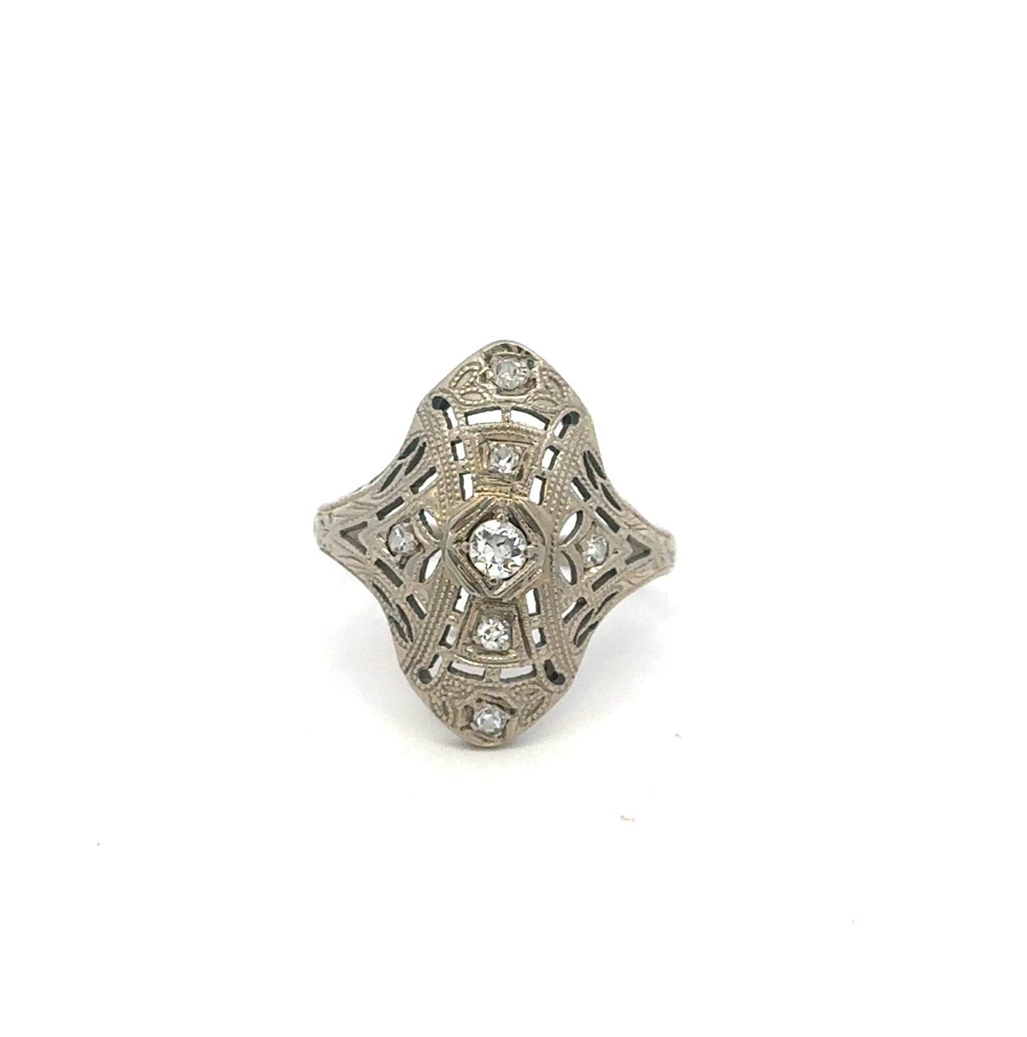 Silver Lady Vintage art deco diamond shield ring in 18k white gold with detailed vintage-inspired design and sparkling diamond accents.