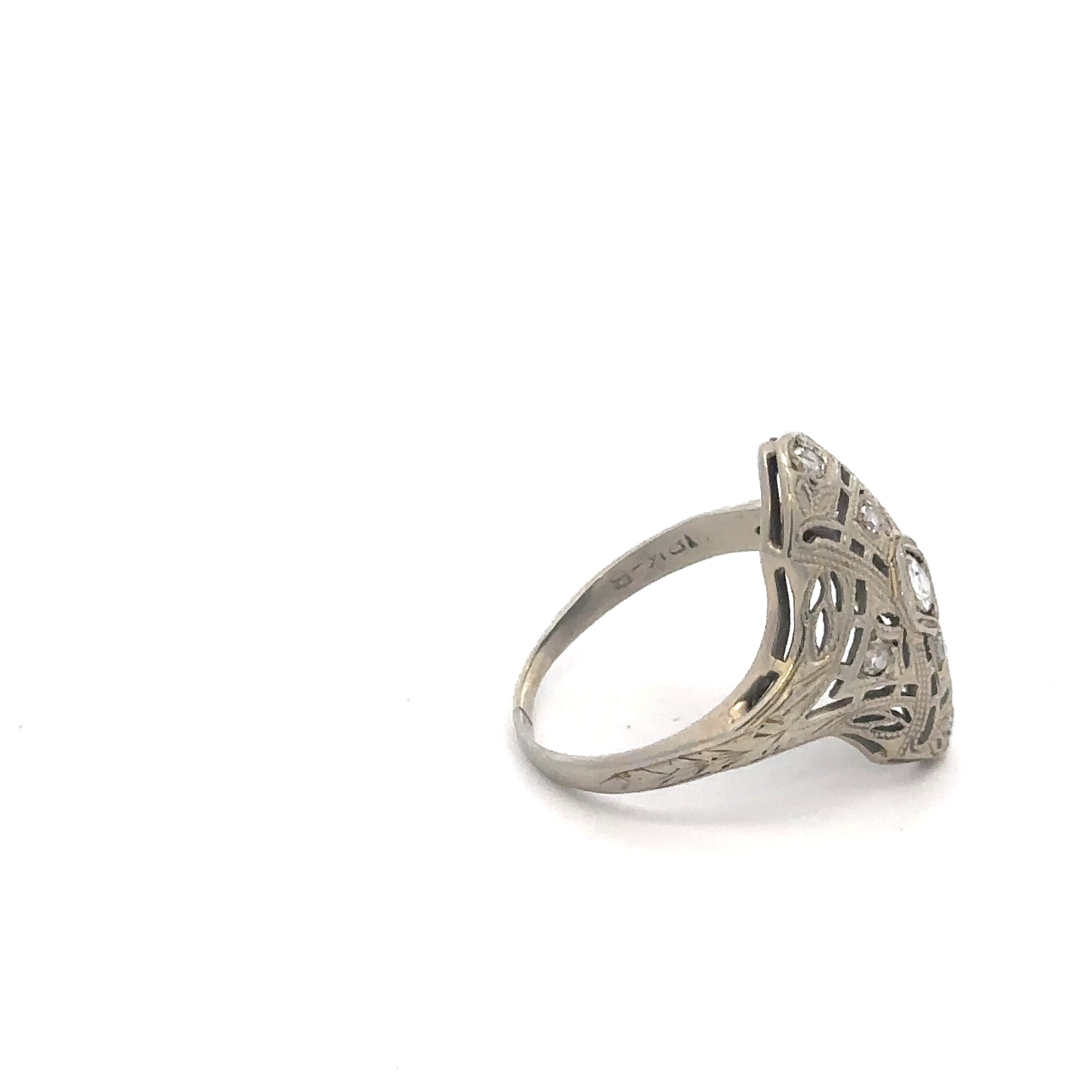Silver Lady Vintage art deco diamond shield ring crafted in 18k white gold with geometric design and sparkling gemstone accents