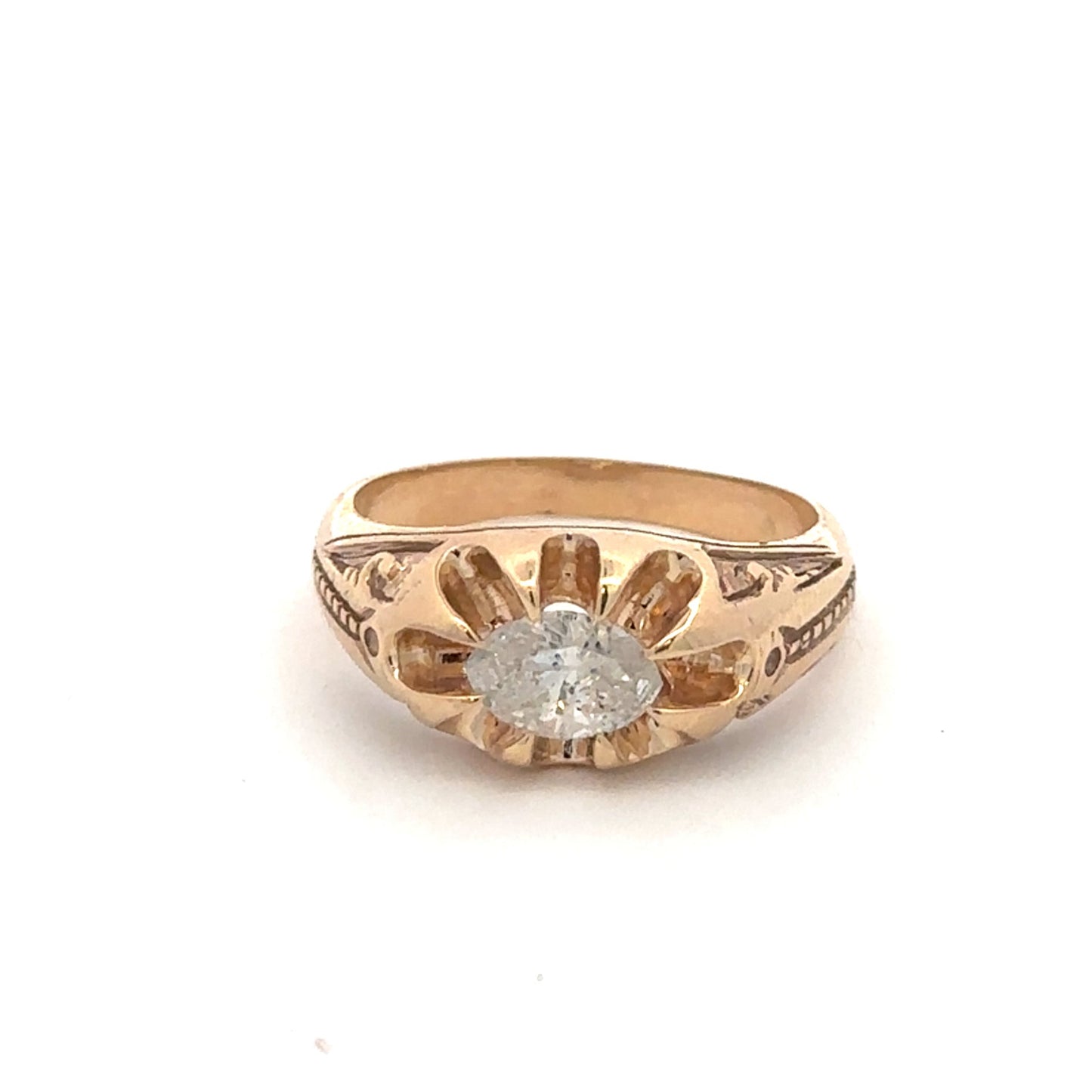 Victorian-inspired belcher ring with east-west marquise diamond in 14k yellow gold by Silver Lady Vintage.