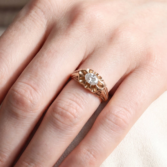 Victorian-inspired belcher ring with east-west marquise diamond in 14k yellow gold by Silver Lady Vintage