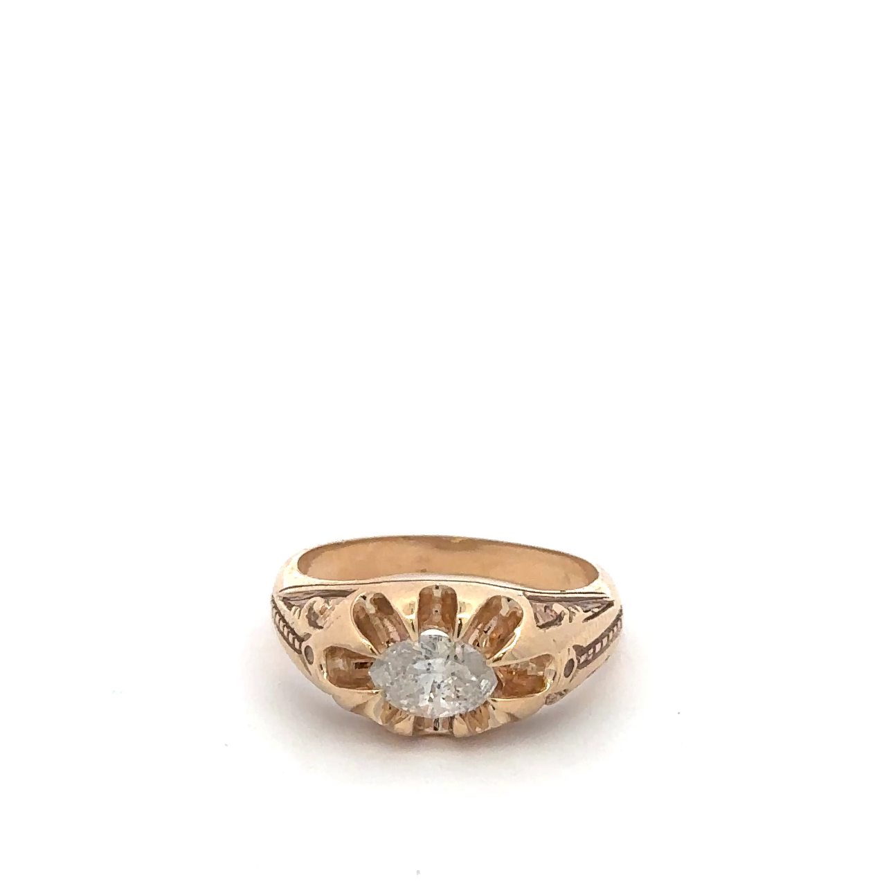Victorian-inspired Silver Lady Vintage belcher ring with east-west marquise diamond in 14k yellow gold, showcasing intricate design.