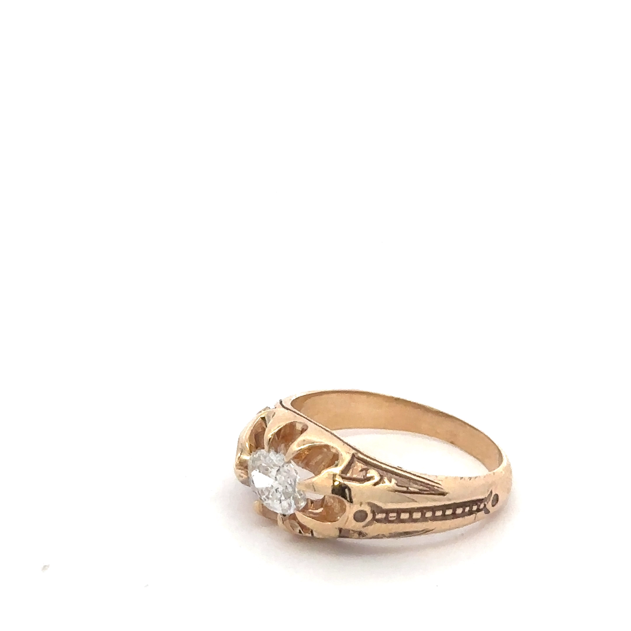 Victorian-inspired Silver Lady Vintage belcher ring with east-west marquise diamond in 14k yellow gold, elegant and detailed jewelry piece