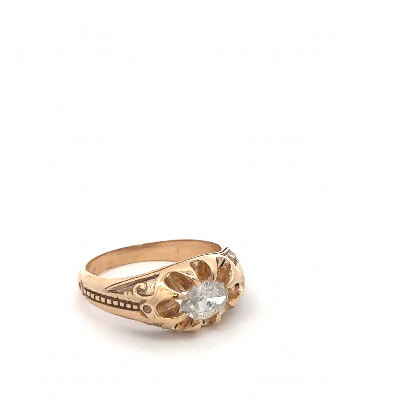 Victorian-inspired Silver Lady Vintage belcher ring with east-west marquise diamond in 14k yellow gold, showcasing intricate design and sparkle.