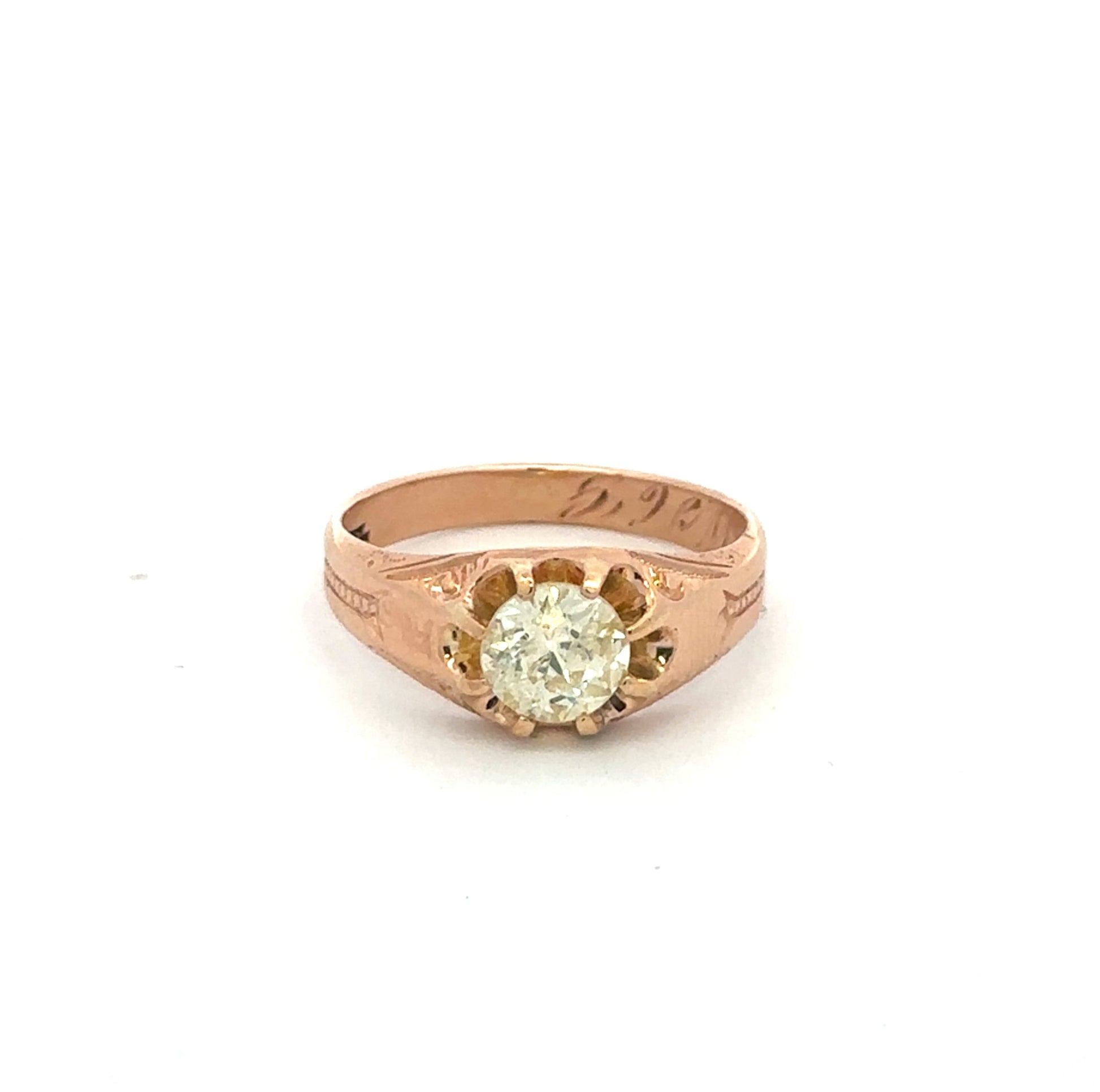 Antique Victorian belcher ring in 14k rose gold featuring a natural old mine cut champagne diamond, by Silver Lady Vintage.