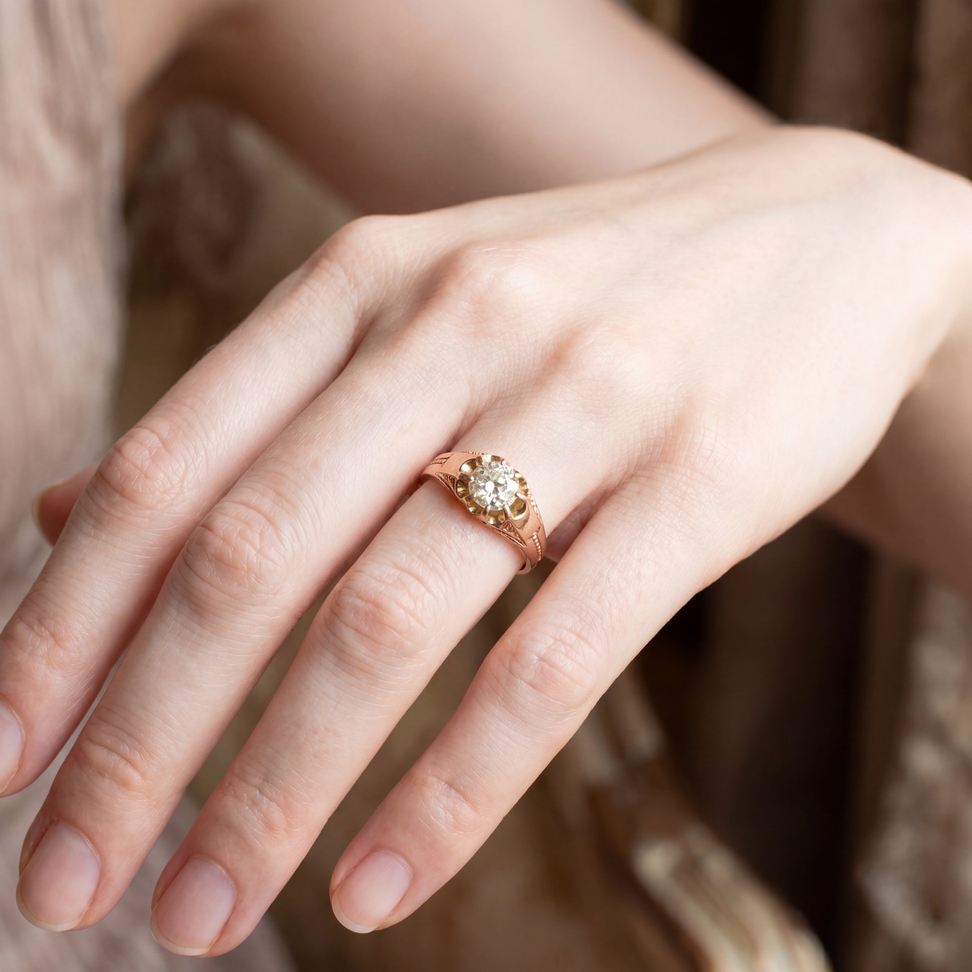 Antique Victorian belcher ring in 14k rose gold with a natural old mine cut champagne diamond from Silver Lady Vintage