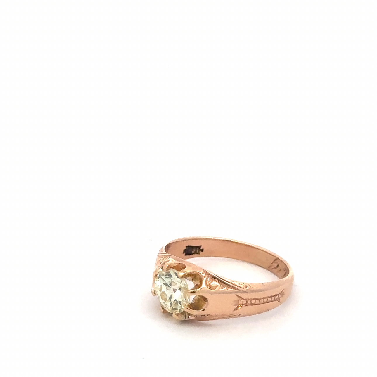 Antique Victorian belcher ring with a natural old mine cut champagne diamond in 14k rose gold, showcasing intricate vintage design.