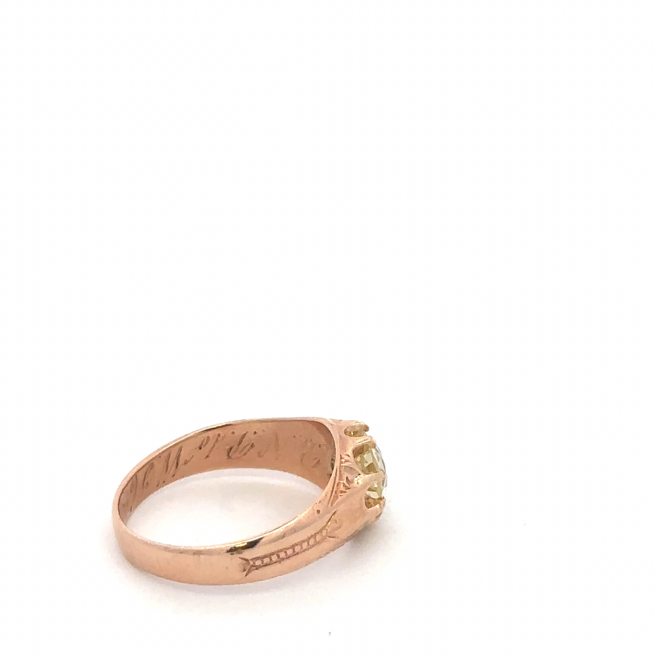 Antique Victorian belcher ring with natural old mine cut champagne diamond in 14k rose gold, crafted by Silver Lady Vintage.