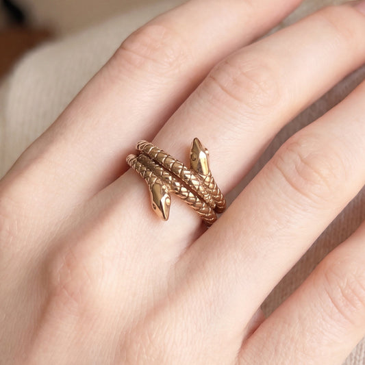 Stacking serpent rings in 9k gold by Silver Lady Vintage, featuring a handcrafted SLV original design.