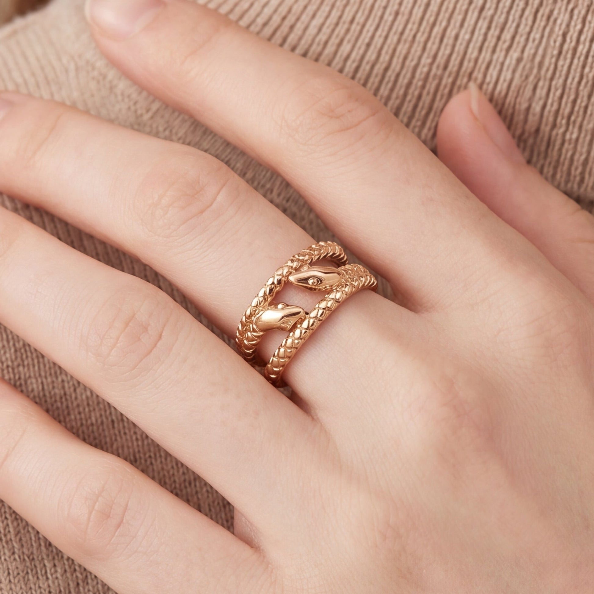 Stacking serpent rings in 9k gold with SLV original design, featuring intricate snake motifs, made to order by Silver Lady Vintage.