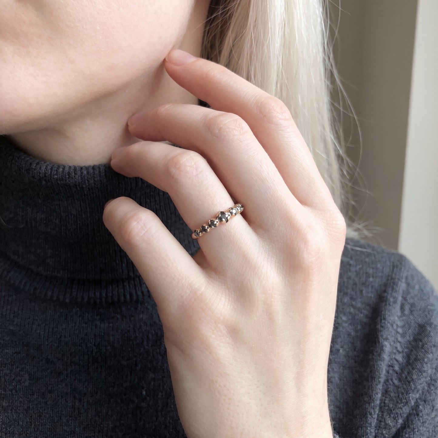 Silver Lady Vintage salt and pepper rose cut diamond bands featuring elegant, handcrafted jewelry design with sparkling diamond accents.