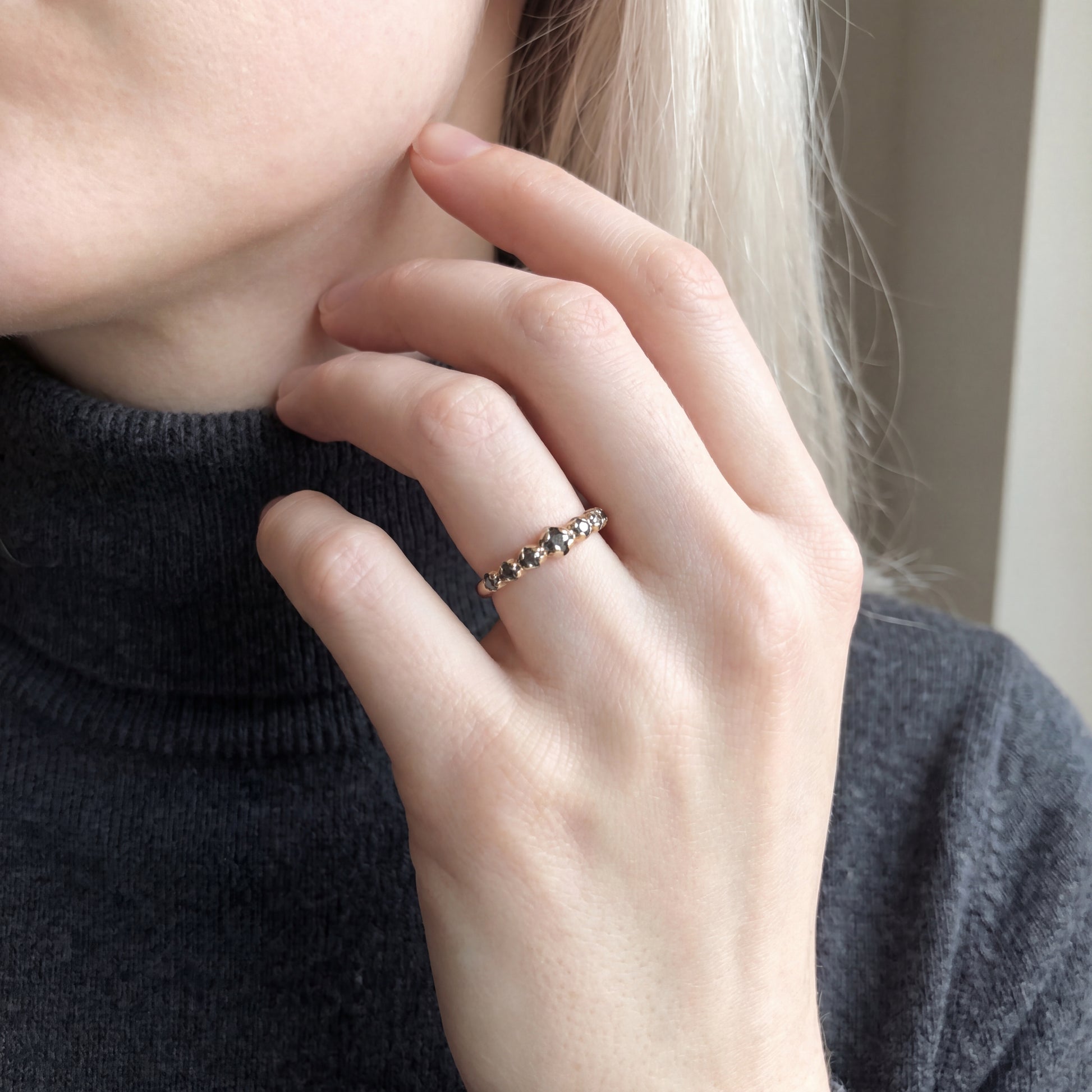 Silver Lady Vintage salt and pepper rose cut diamond bands featuring elegant, handcrafted jewelry design with sparkling diamond accents.