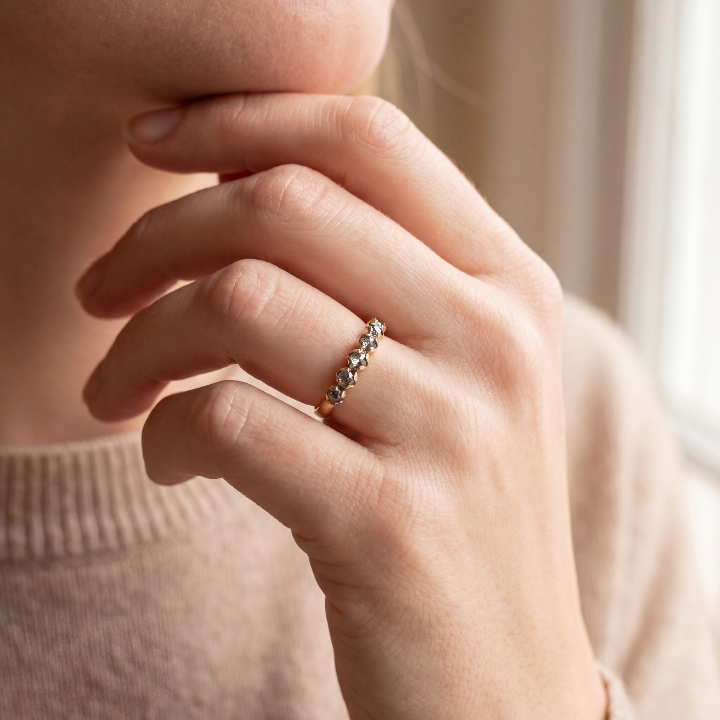 Silver Lady Vintage salt and pepper rose cut diamond bands featuring elegant, handcrafted jewelry design with sparkling diamond accents.
