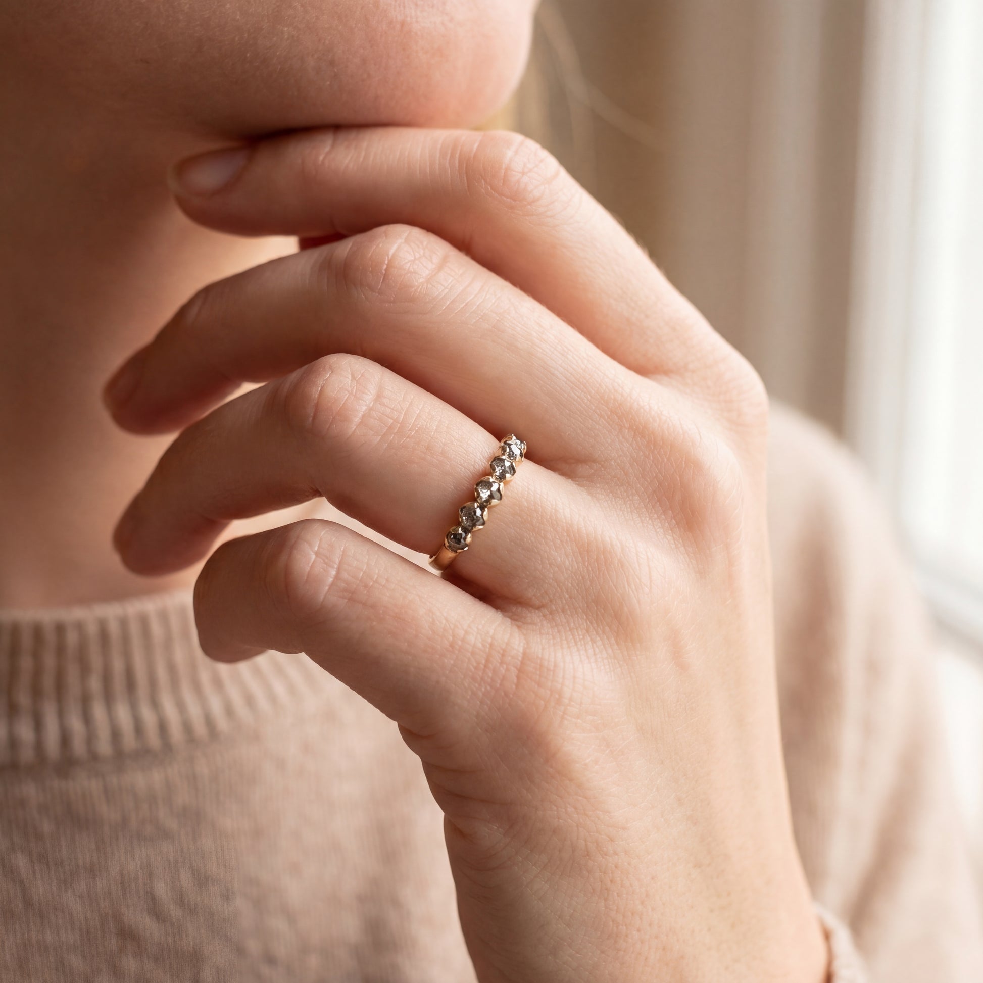 Silver Lady Vintage salt and pepper rose cut diamond bands featuring elegant, handcrafted jewelry design with sparkling diamond accents.