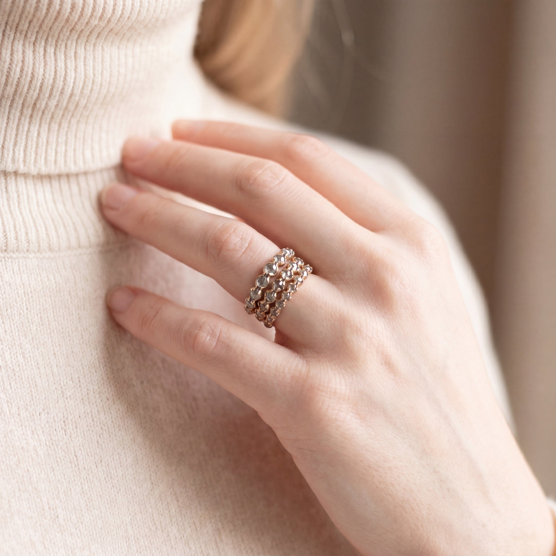 Silver Lady Vintage salt and pepper rose cut diamond bands, SLV original design, showcasing elegant silver jewelry with sparkling diamond accents.