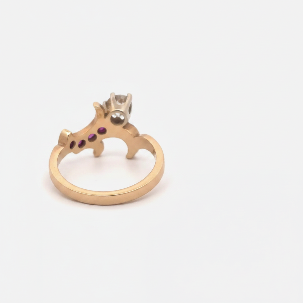 Antique Victorian Moval diamond and ruby ring in 14k yellow gold, featuring intricate vintage design and gemstone accents.
