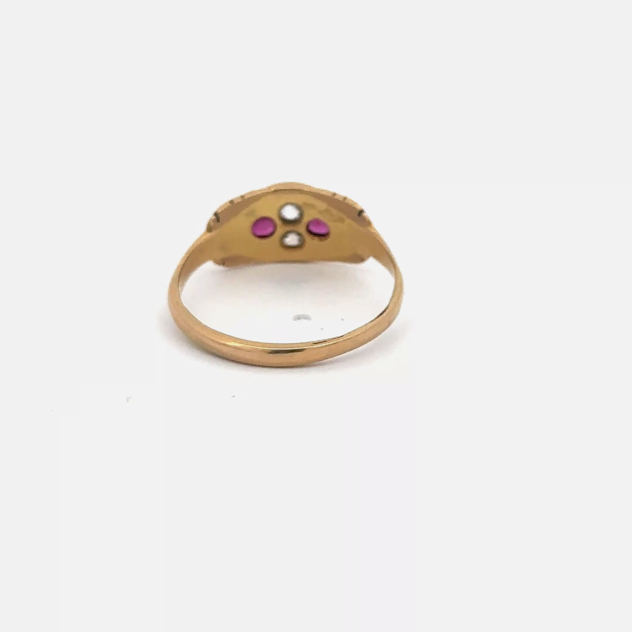 Antique Victorian ruby and old mine cut diamond ring in 9k yellow gold, featuring intricate vintage design and Silver Lady Vintage branding