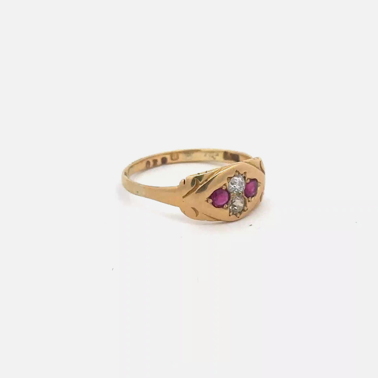 Antique Victorian ruby and old mine cut diamond ring in 9k yellow gold, featuring intricate vintage jewelry design.
