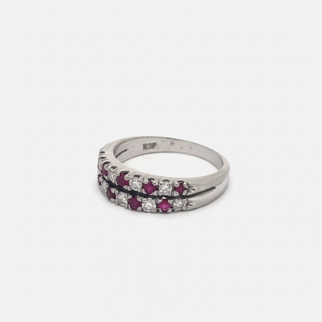 Silver Lady Vintage ruby and diamond double row stacker ring in 18k white gold, featuring vibrant rubies and sparkling diamonds.