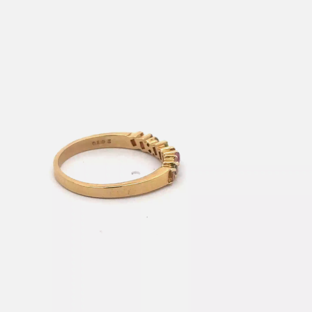 Rainbow sapphire stackable ring in 18k yellow gold with vibrant sapphires, designed by Silver Lady Vintage.