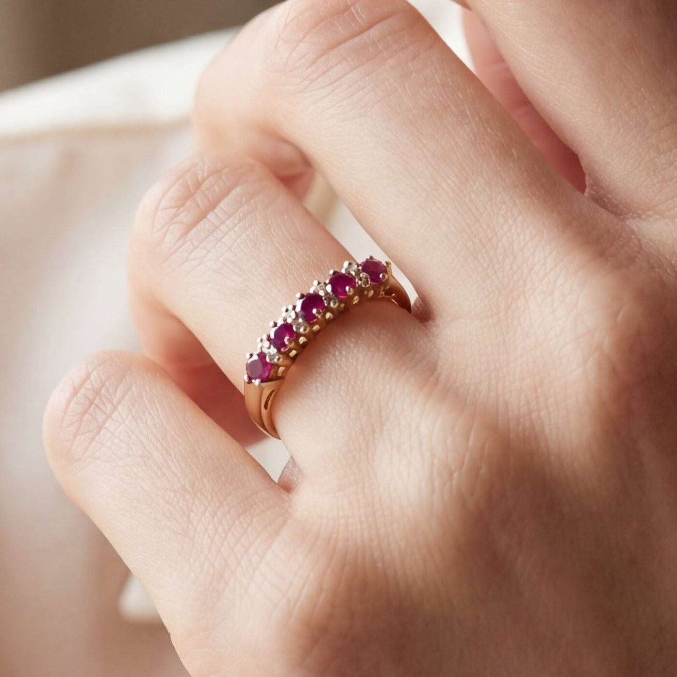 Natural ruby and diamond stacker band in 14k yellow gold, featuring intricate design from Silver Lady Vintage.