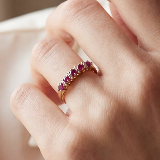 Natural ruby and diamond stacker band in 14k yellow gold, featuring intricate design from Silver Lady Vintage.