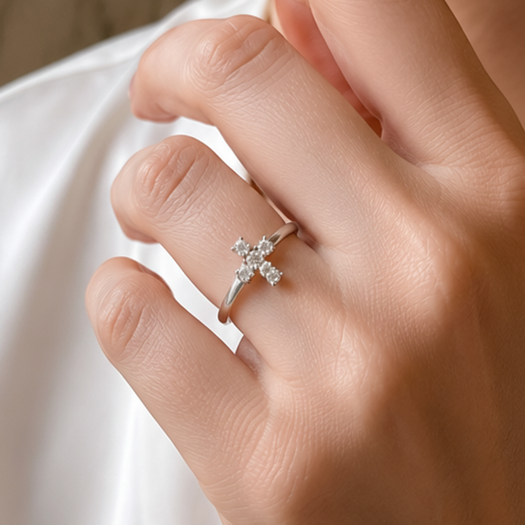 14K white gold diamond cross ring by Silver Lady Vintage with sparkling diamonds and intricate design.