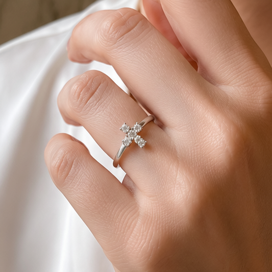14K white gold diamond cross ring by Silver Lady Vintage with sparkling diamonds and intricate design.