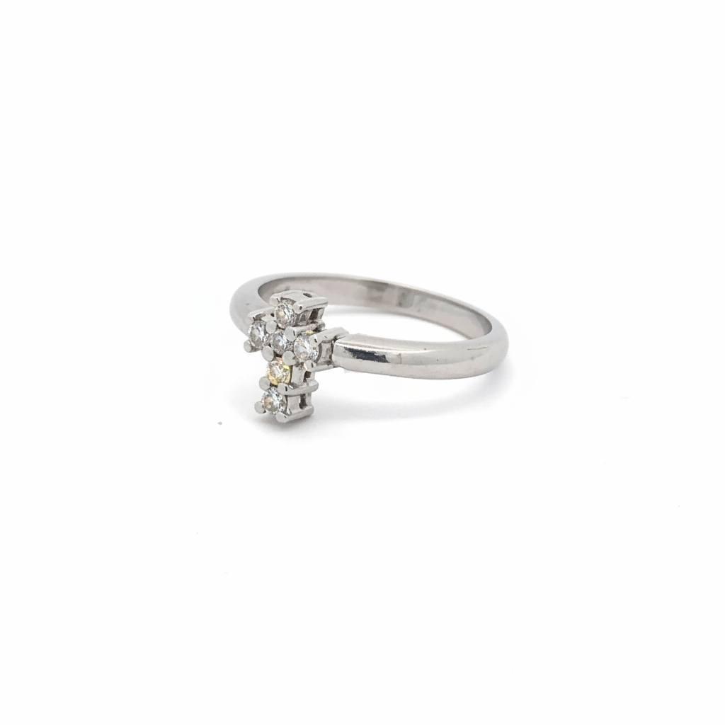 Diamond cross ring in 14K white gold featuring a Silver Lady Vintage design, showcasing sparkling diamonds and intricate craftsmanship.