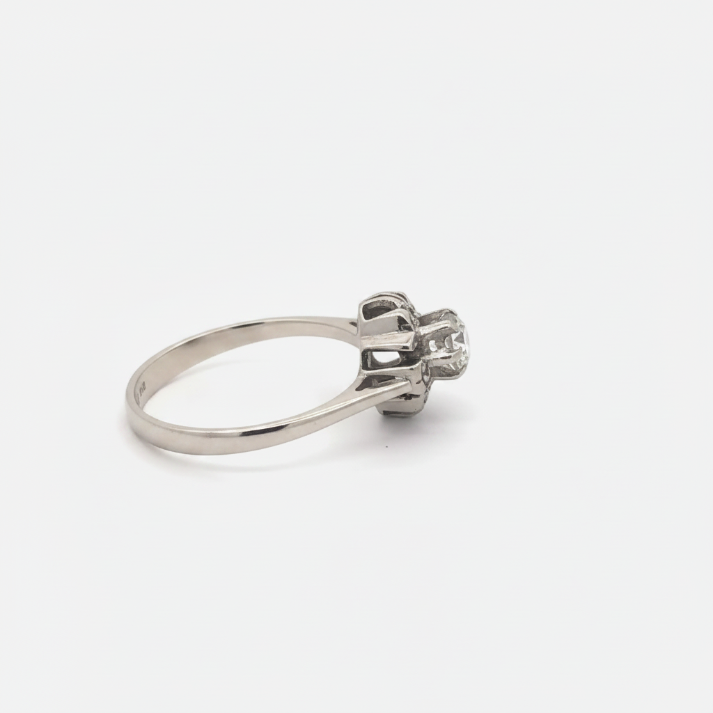 Art Deco floral motif diamond ring in 18k white gold with intricate design, crafted by Silver Lady Vintage.