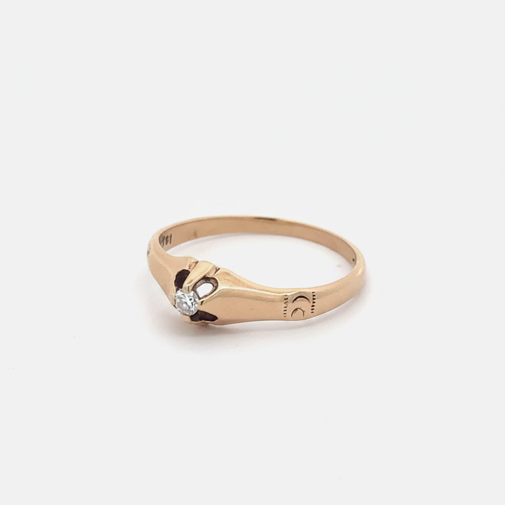 Antique Victorian diamond solitaire ring in 14k yellow gold with intricate vintage detailing, from Silver Lady Vintage.