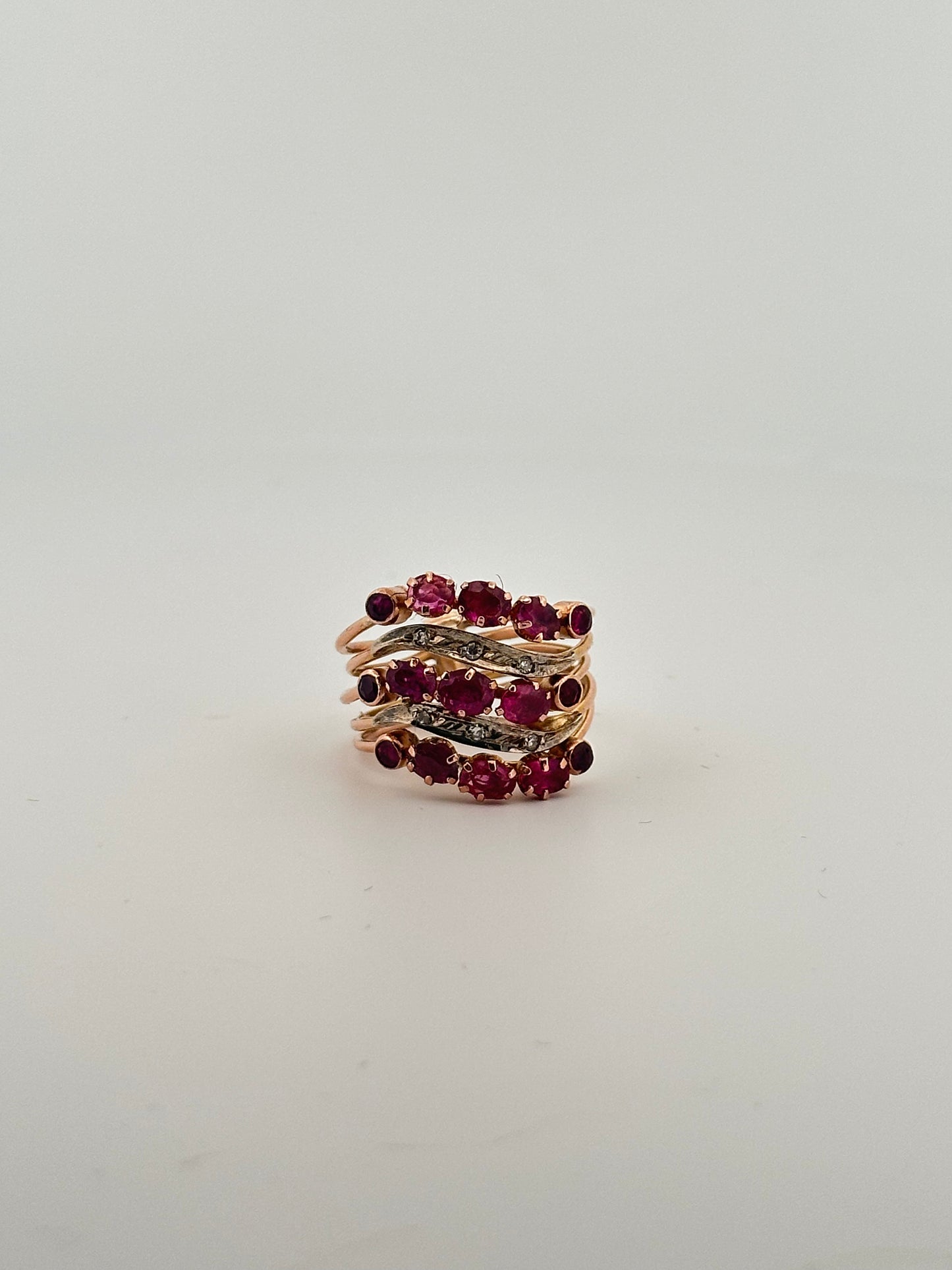 Vintage Natural Ruby and Diamond five band cocktail ring - 14k rose gold
