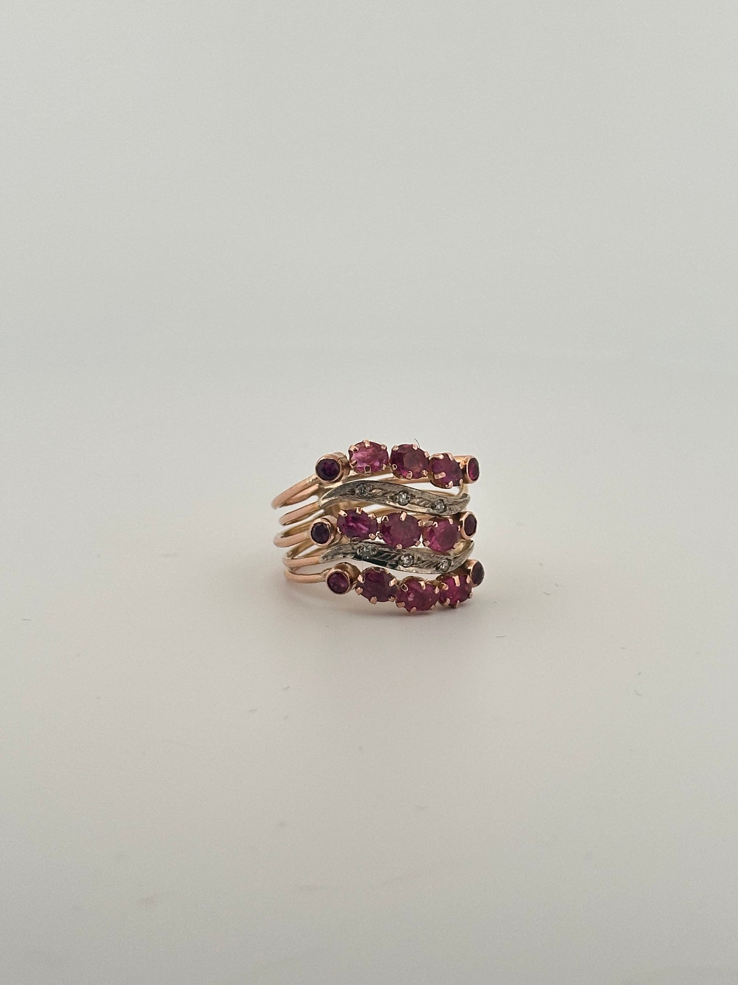 Vintage Natural Ruby and Diamond five band cocktail ring - 14k rose gold