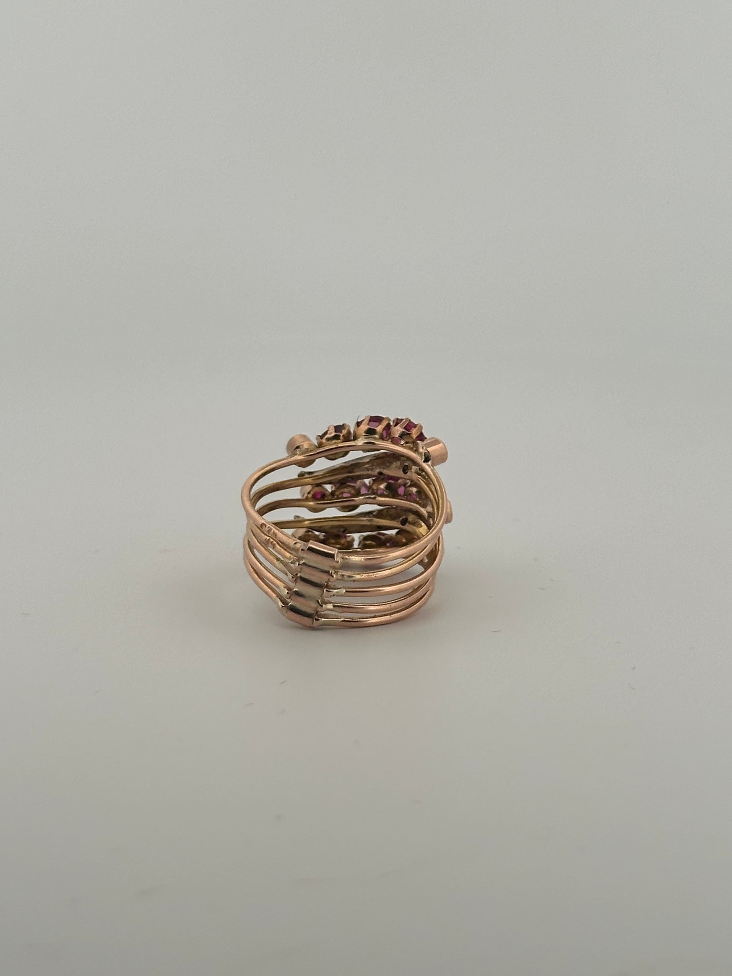 Vintage Natural Ruby and Diamond five band cocktail ring - 14k rose gold