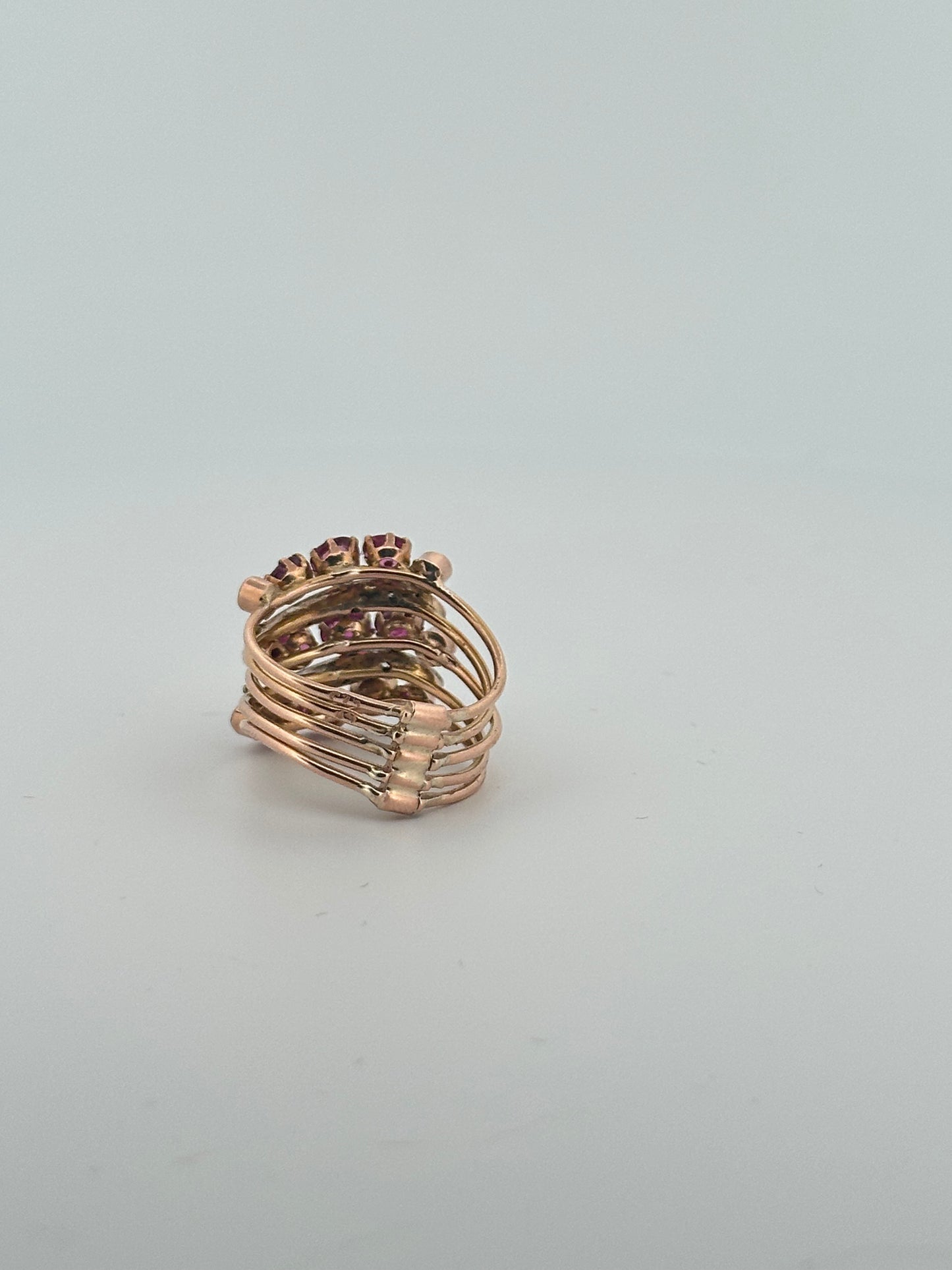 Vintage Natural Ruby and Diamond five band cocktail ring - 14k rose gold
