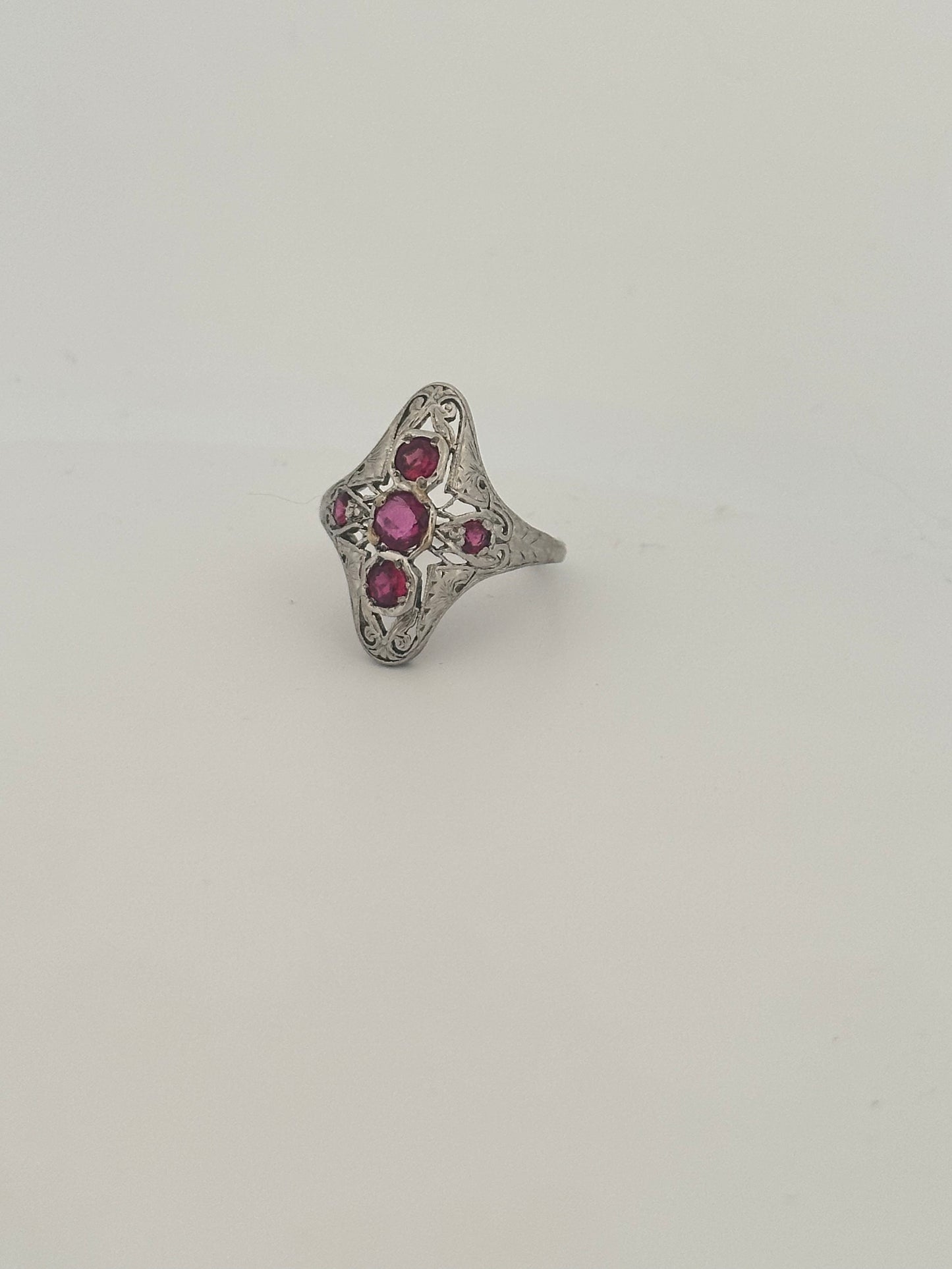 Antique art deco natural old mine cut ruby ring in 18k white gold