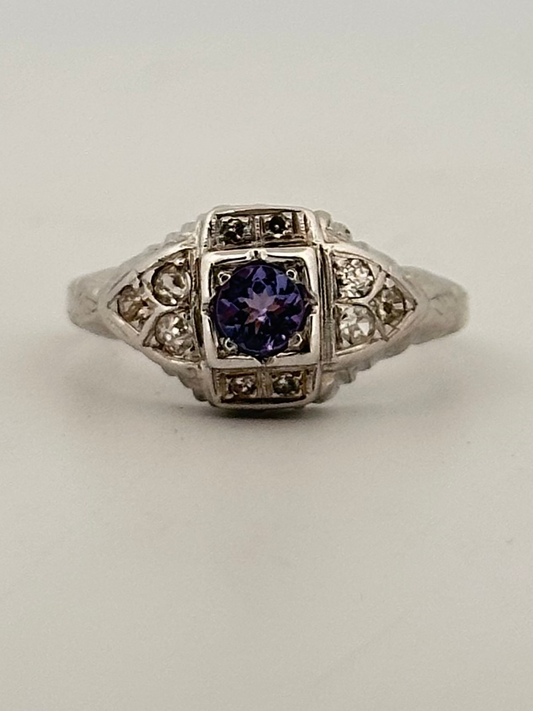 Antique art deco diamond and tanzanite ring in 18k white gold
