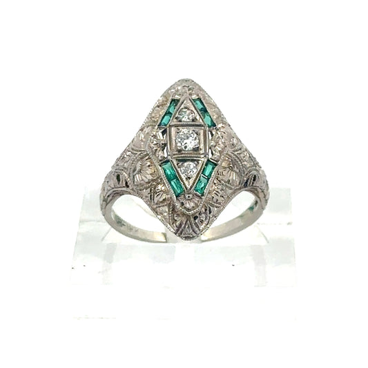 Antique 18k white gold natural diamond and emerald shield ring