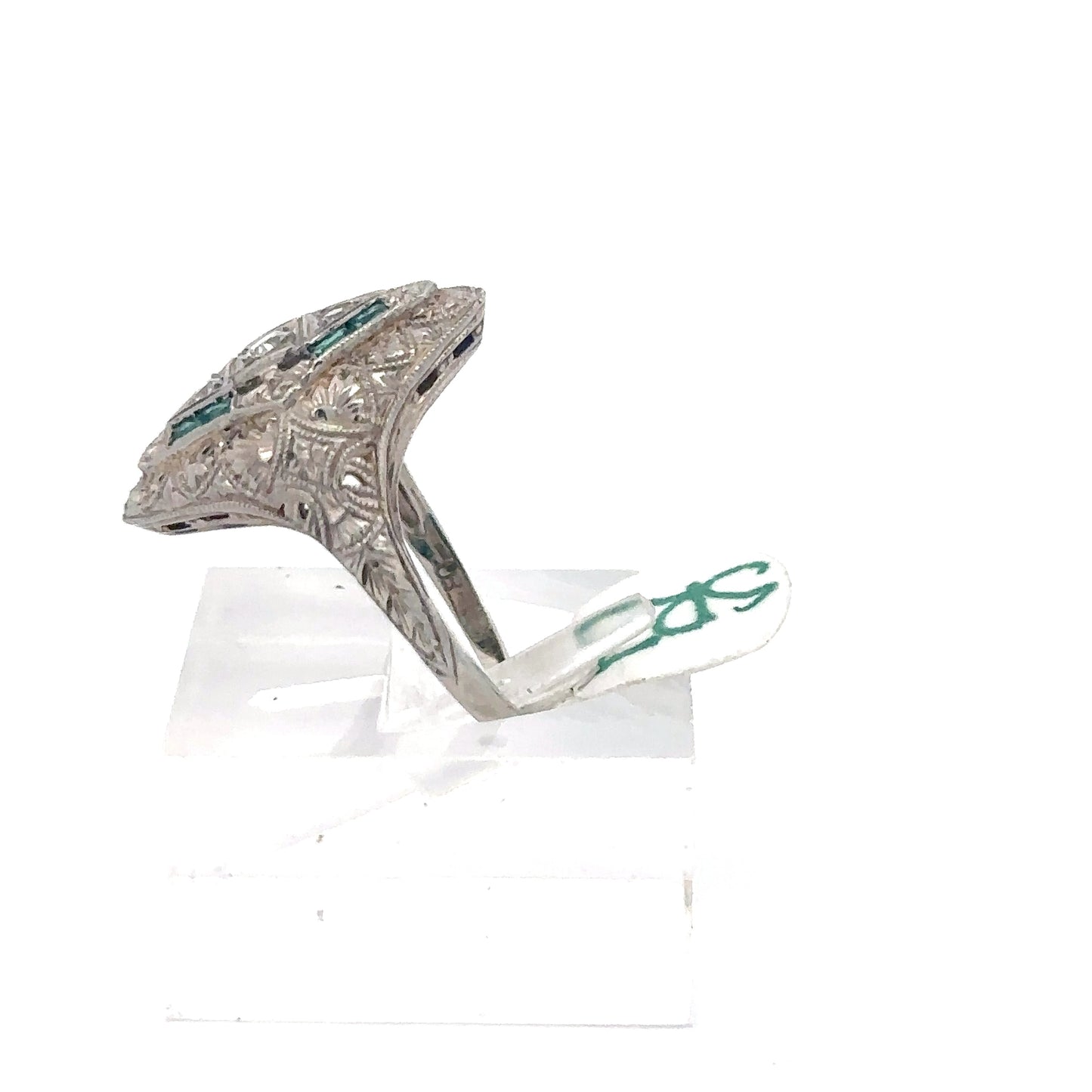 Antique 18k white gold natural diamond and emerald shield ring