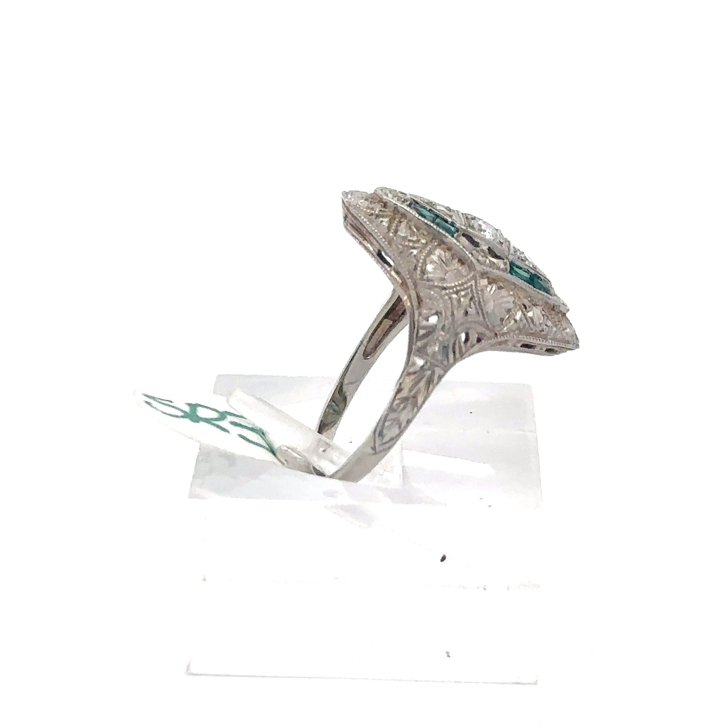 Antique 18k white gold natural diamond and emerald shield ring