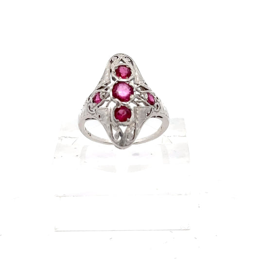 Antique art deco natural old mine cut ruby ring in 18k white gold