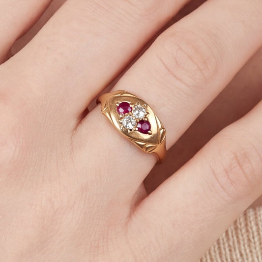 Antique Victorian Ruby and Old Mine Cut Diamond Ring in 9k yellow gold, featuring intricate vintage design and gemstones.