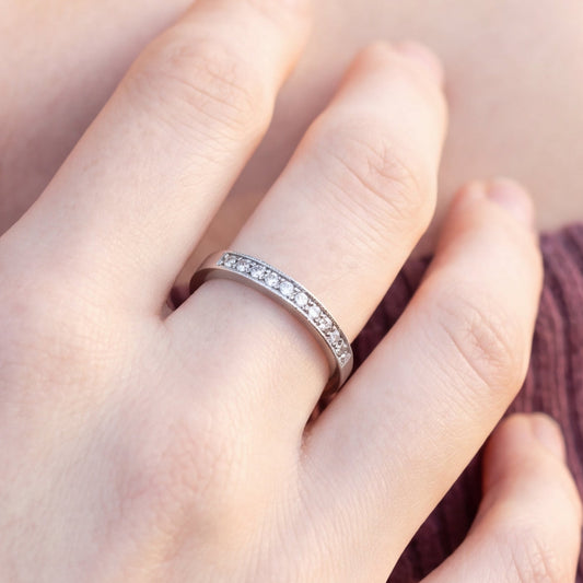 Vintage diamond milgrain wedding band in 14k white gold with intricate milgrain detailing, crafted by Silver Lady Vintage.