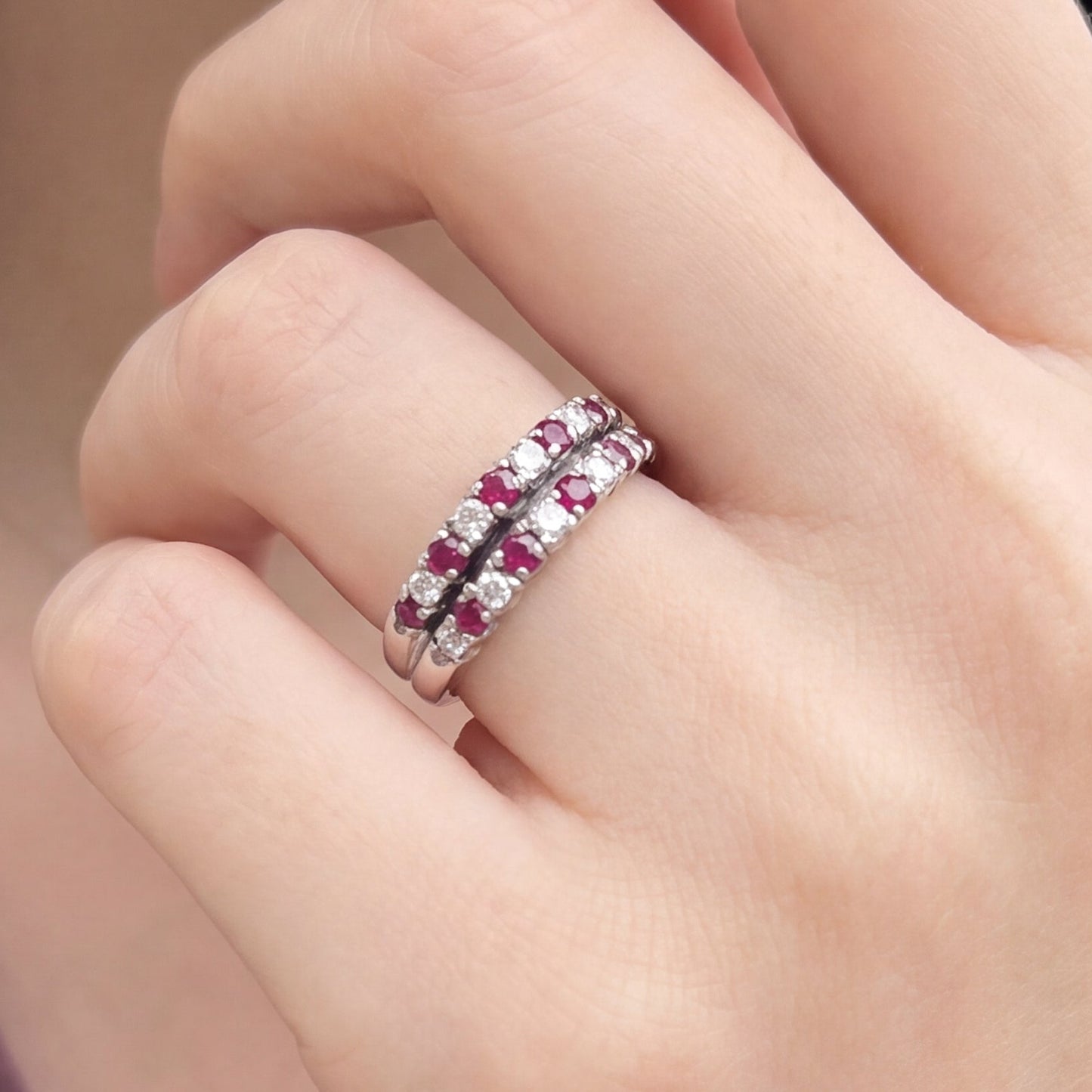 Double row ruby and diamond stacker ring in 18k white gold, featuring vibrant red rubies and sparkling diamonds.
