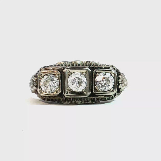 Art Deco Triple Old European Cut Diamond Ring in 18k White Gold